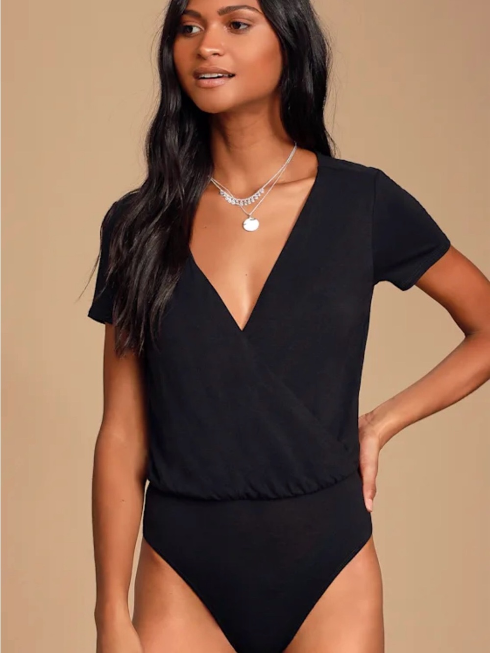 Lulus Marren Black Short Sleeve Surplice Bodysuit - Size M - Picture 3 of 5